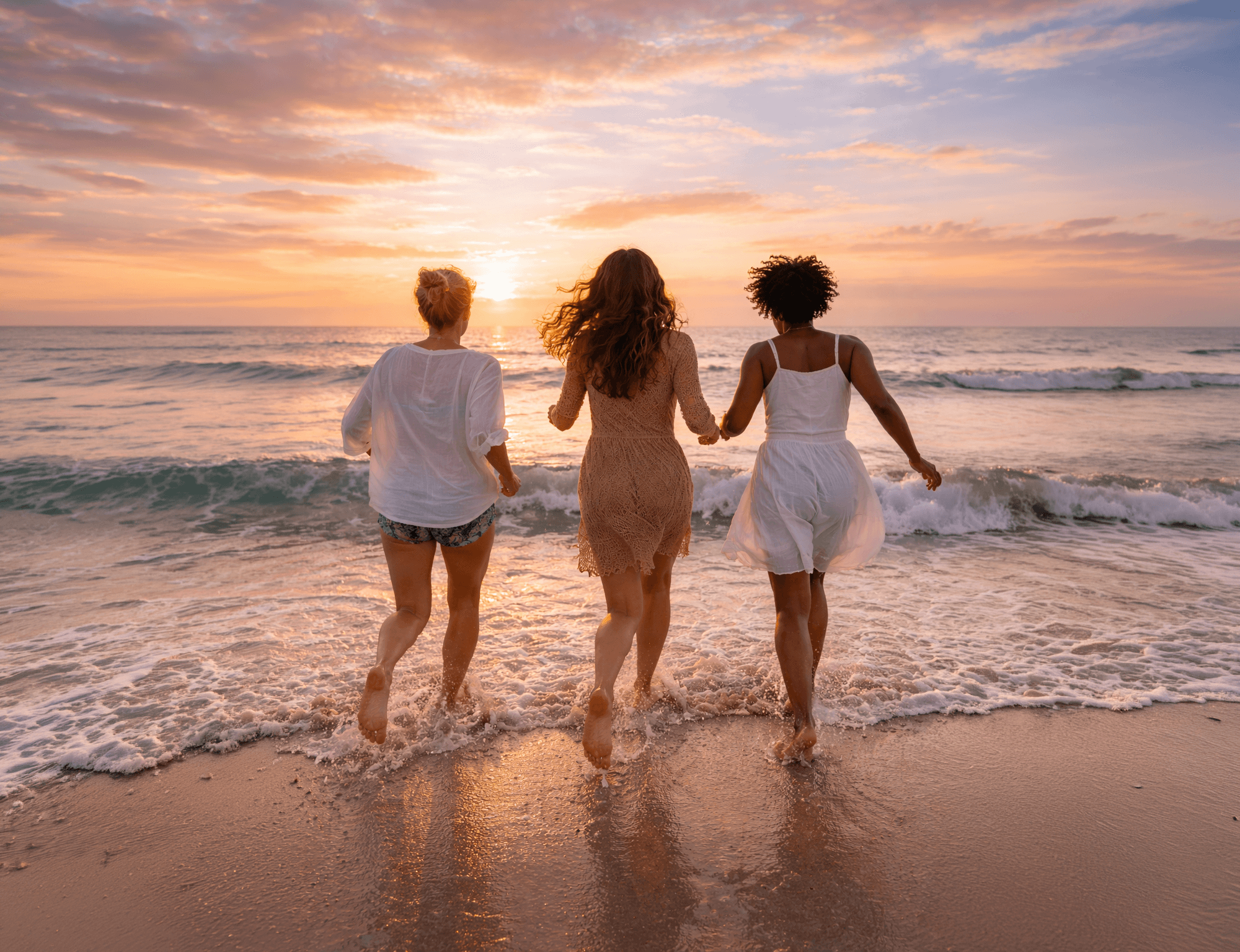 Three women walking together on the beach at sunset